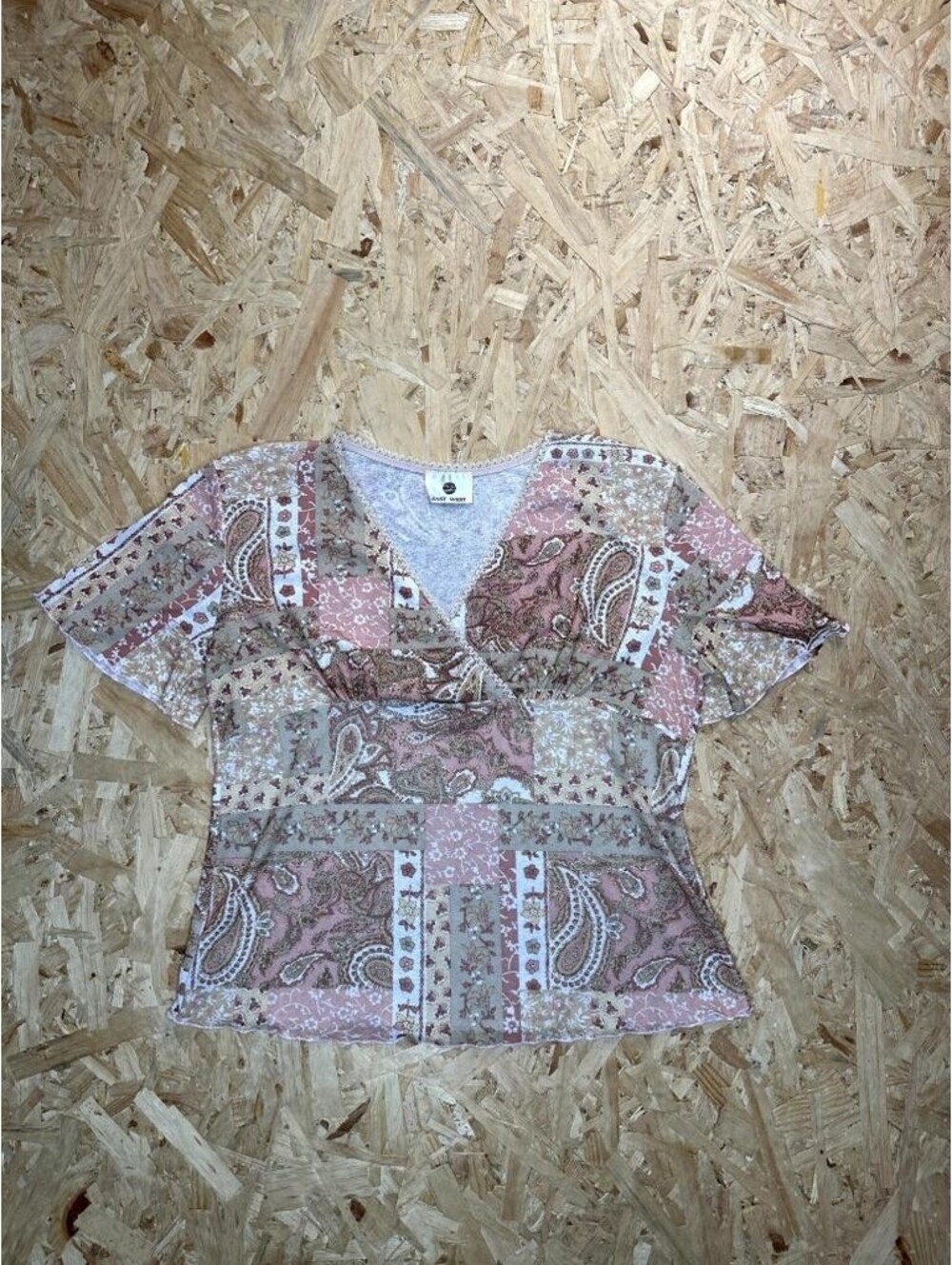 East West Womens Top Medium Pink Brown Paisley Patchwork V-Neck Short Sleeve